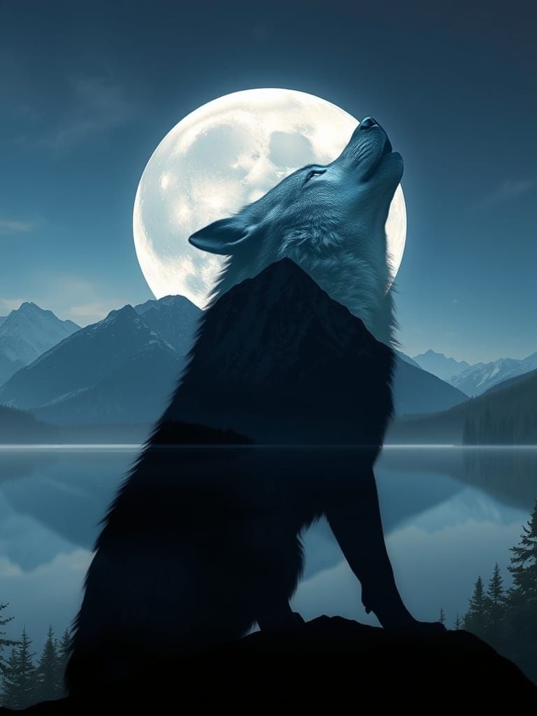 Werewolf Howling at Moon with Double Exposure Effect
