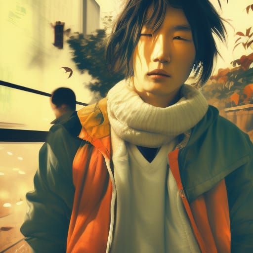 Hyperdetailed Portrait of Japanese Man in Orange and Teal