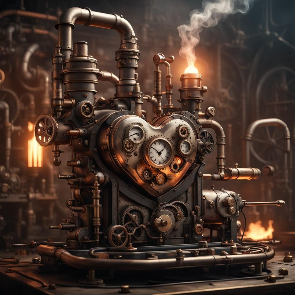 Steampunk Heart Machine with Gears and Smoke