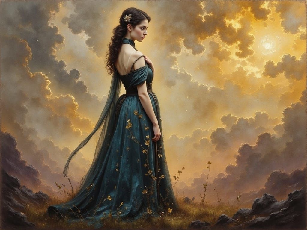 Medieval Goddess in Contemplation: an Impasto Gouache Painti...