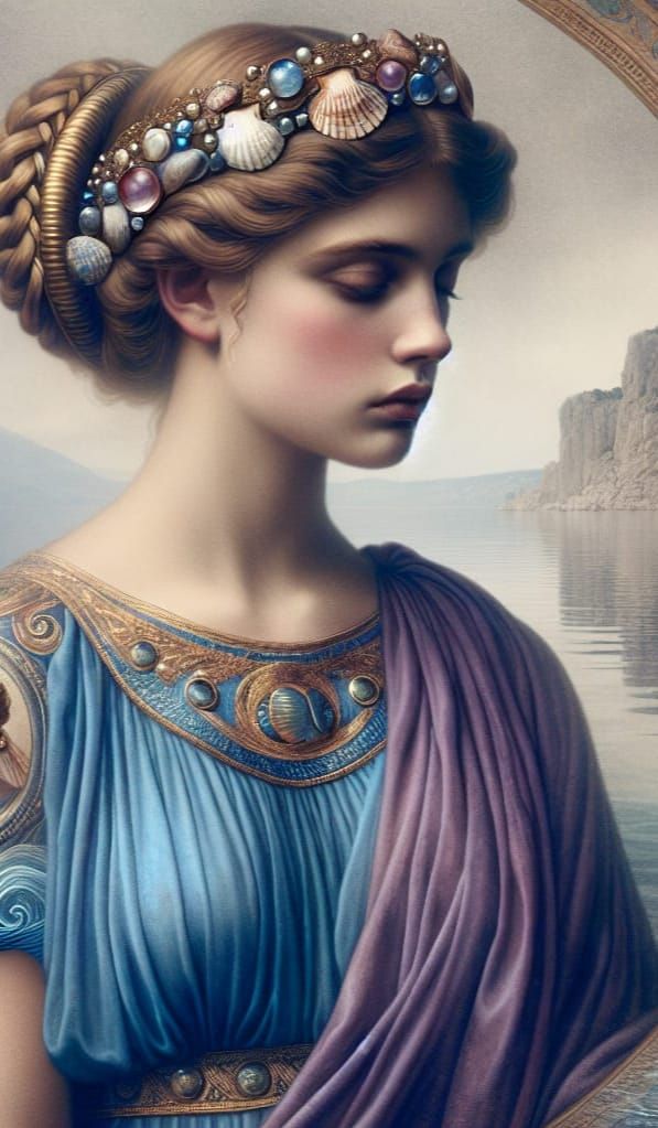 Etruscan Water Nymph Calaina in Serene Adriatic Sea Landscap...