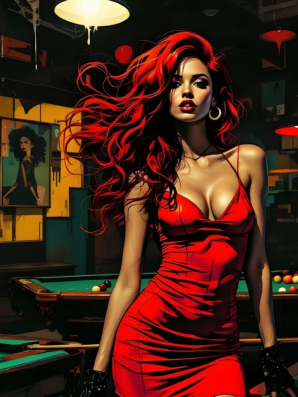 Bebop Jazz Woman in Pool Hall with Expressive Collage