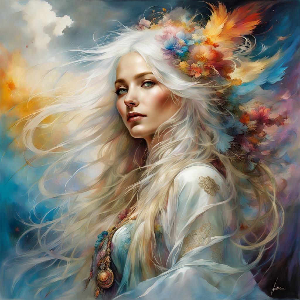 Ethereal Woman in Colorful Cloudscape