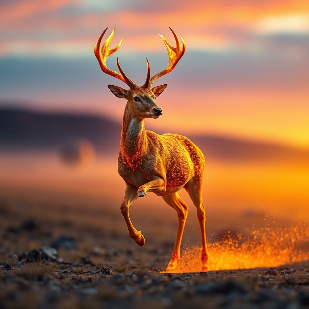 Golden Flame Deer in Dreamlike Landscape