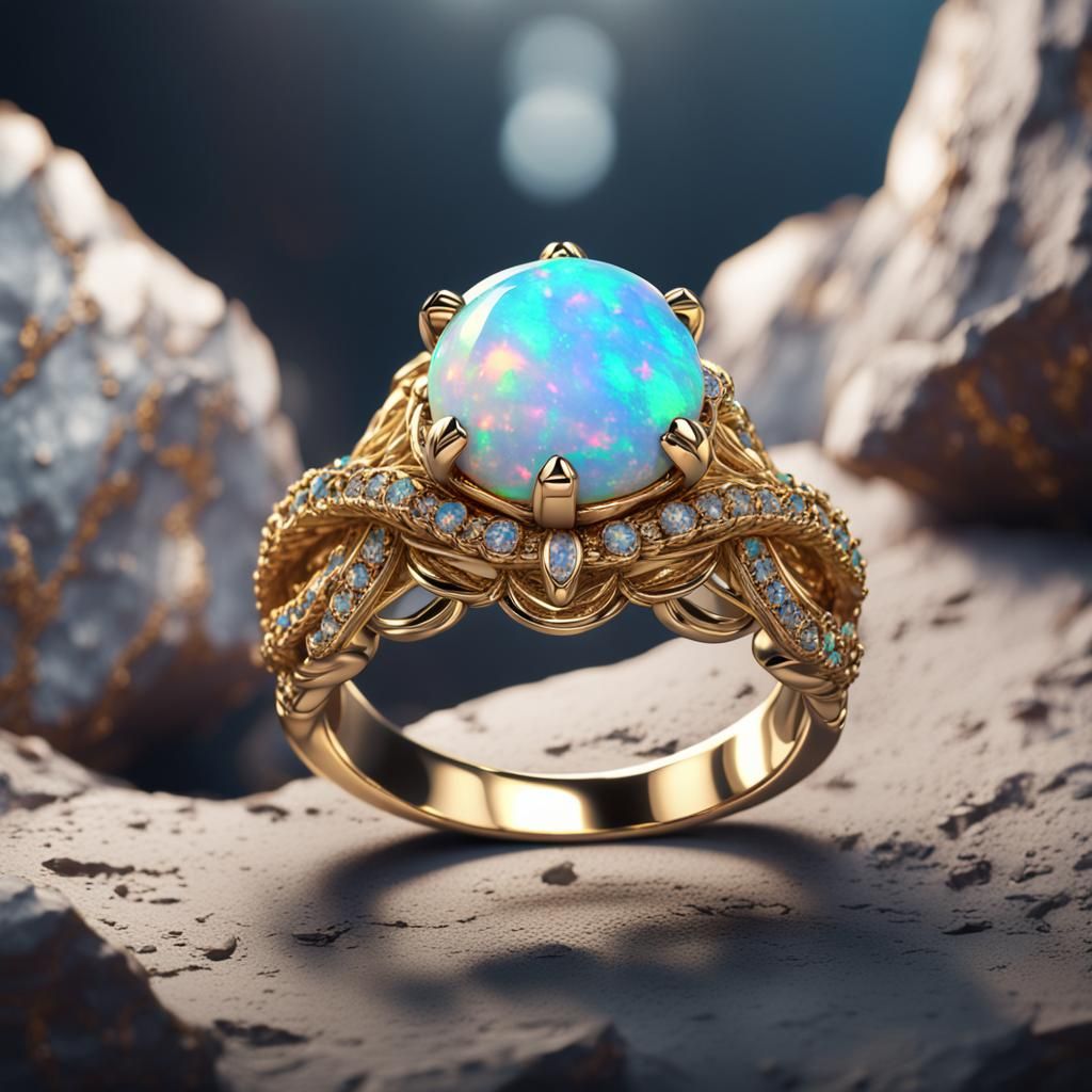 Opal Engagement Ring with Gold Band, Fantasy Art