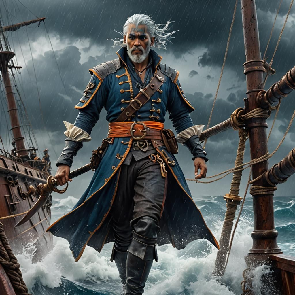 Water Genasi Pirate on Ship, Dramatic Lighting