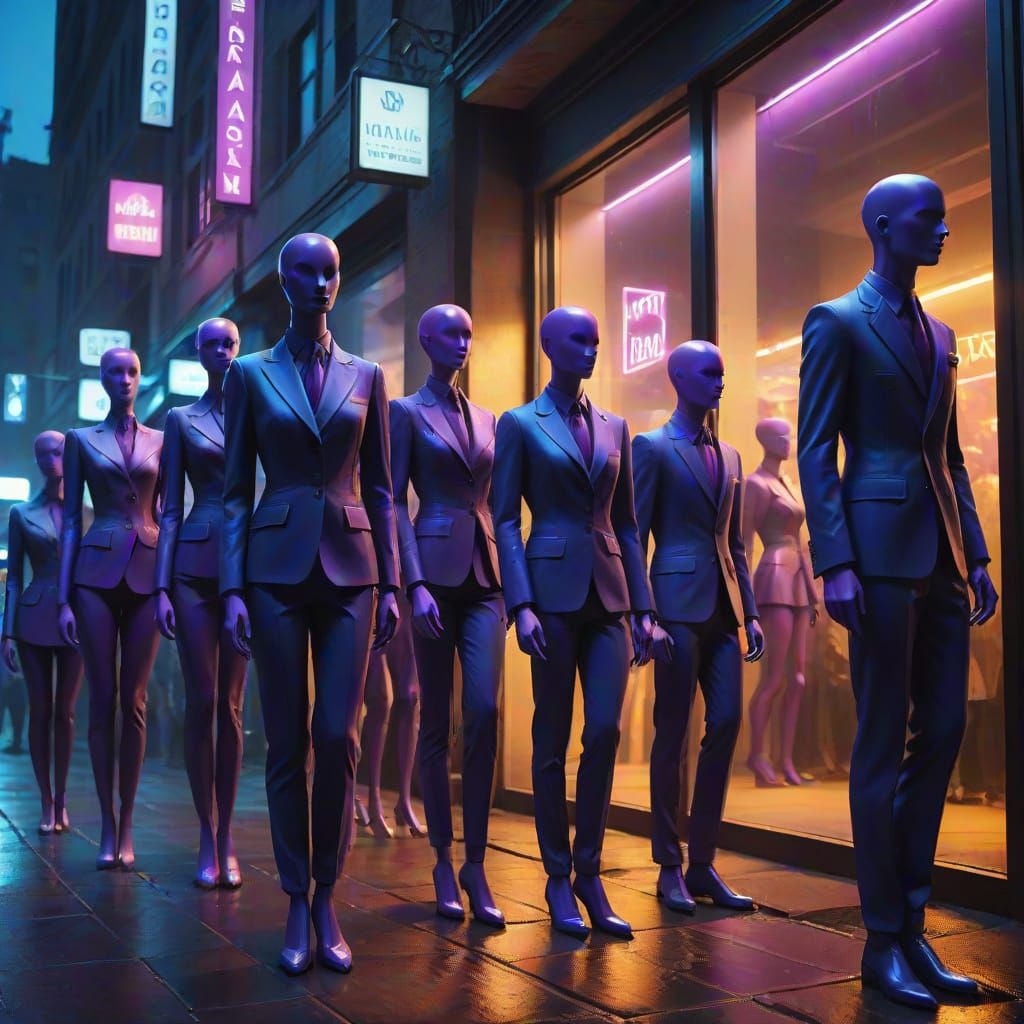 Elegant Mannequins Stalk a Lone Figure on a Rainy Night City...