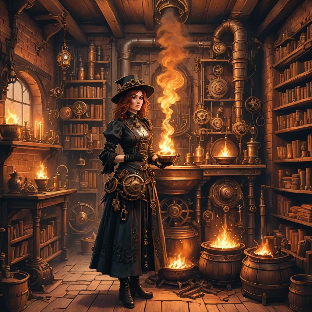 Cozy Steampunk Witch's House Interior Illustration