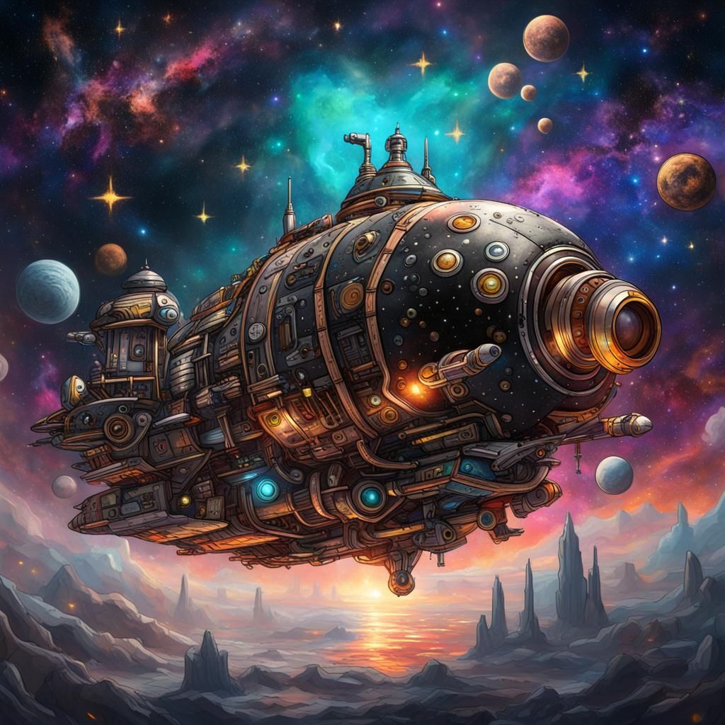 Steampunk Spaceship in Galaxy: Graffiti Art Style