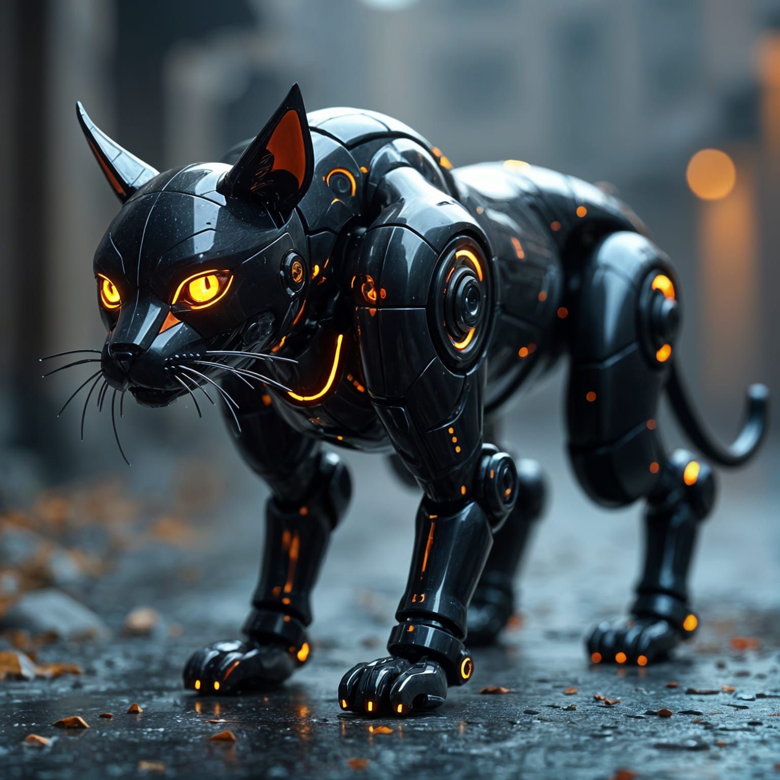 Futuristic Black Cat Robot in Sci-Fi Style