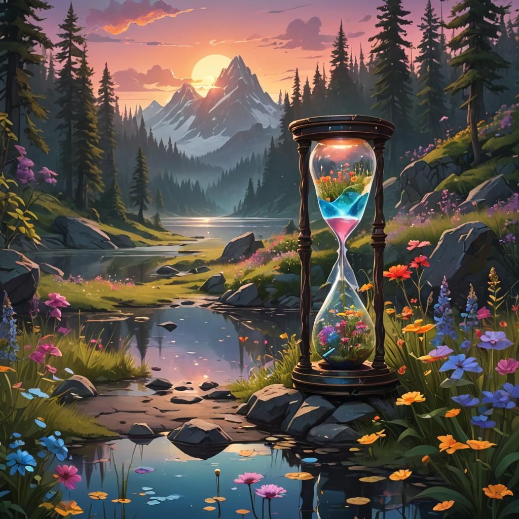 Surreal Hourglass in Prehistoric Forest: Abstract Art