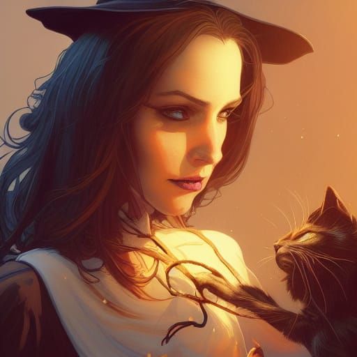 Witch and Cat Portrait in Comic Book Style