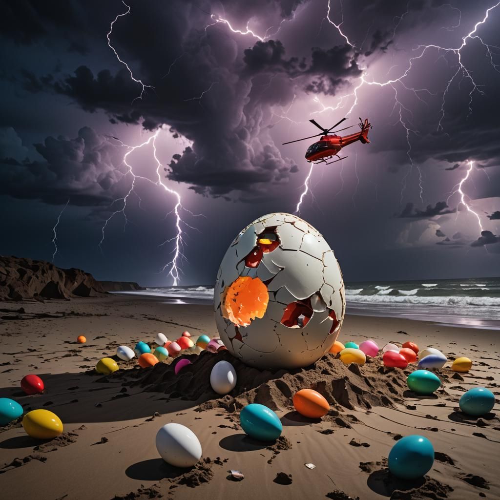 Helicopter Hatching from Egg in Surrealist Style
