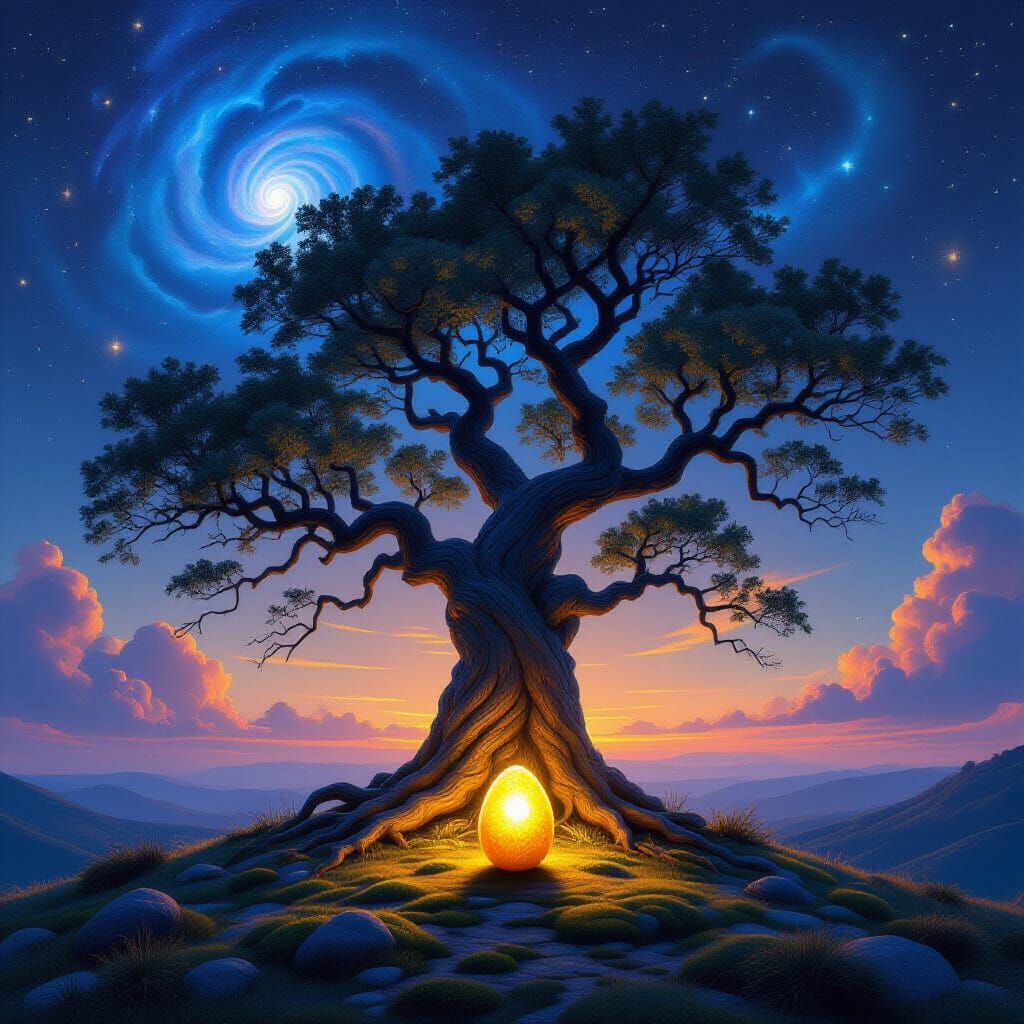 Ancient Oak Tree Under Nebula Sky with Golden Egg