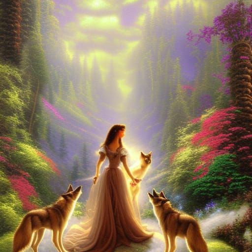 Ethereal Woman with Wolves in Kinkade Style