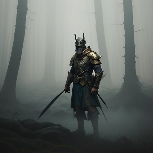Epic Warrior in Ancient Forest, Cinematic Film Still