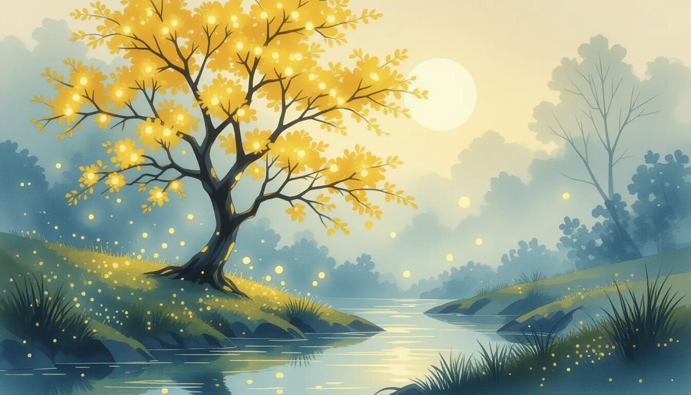 Serene Glade with Glowing Blossoms Tree in Watercolor Style