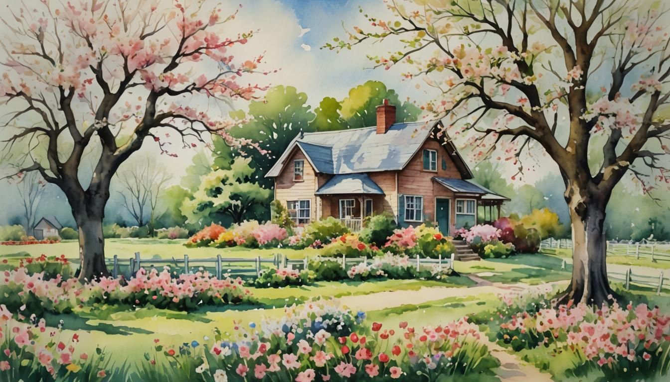 Cottage Garden Watercolor Painting with Apple Tree