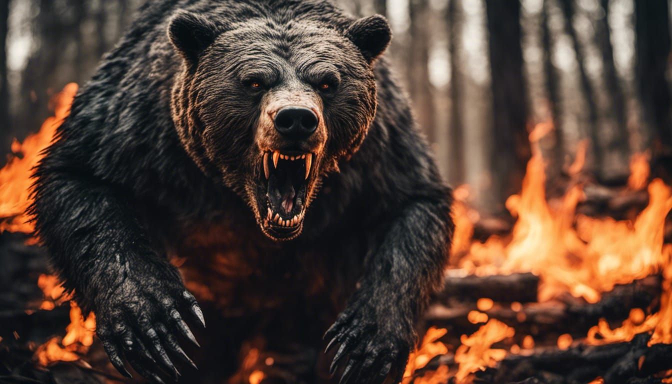 Angry Fire Bear Portrait in Burning Forest