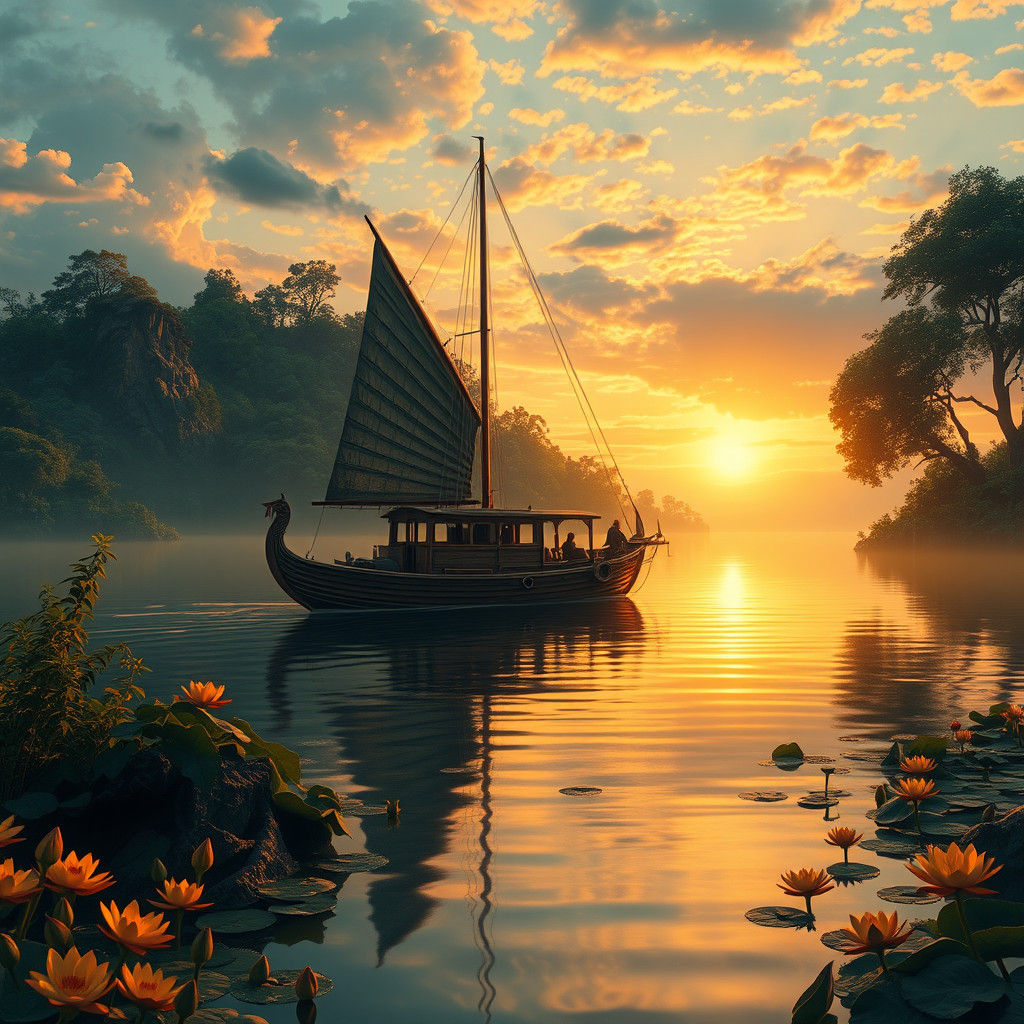 River Boat on Serene Lake at Dusk