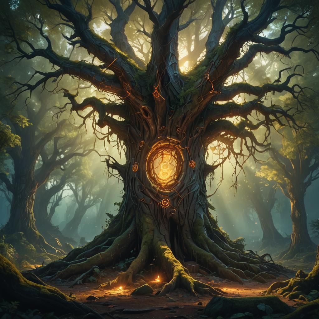 Mystical Tree with Runes in Ethereal Forest
