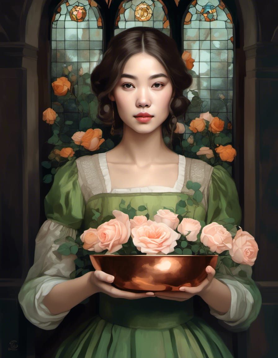 Young Woman with Copper Bowl and Roses in Whimsical Style