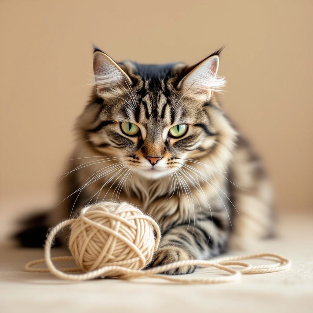 Fluffy Tabby Cat Playing With Yarn