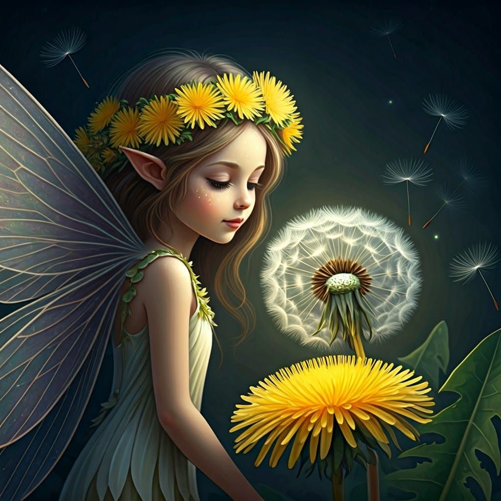 Whimsical Fairy Adorned with Dandelion Wreath in Moonlit Gar...