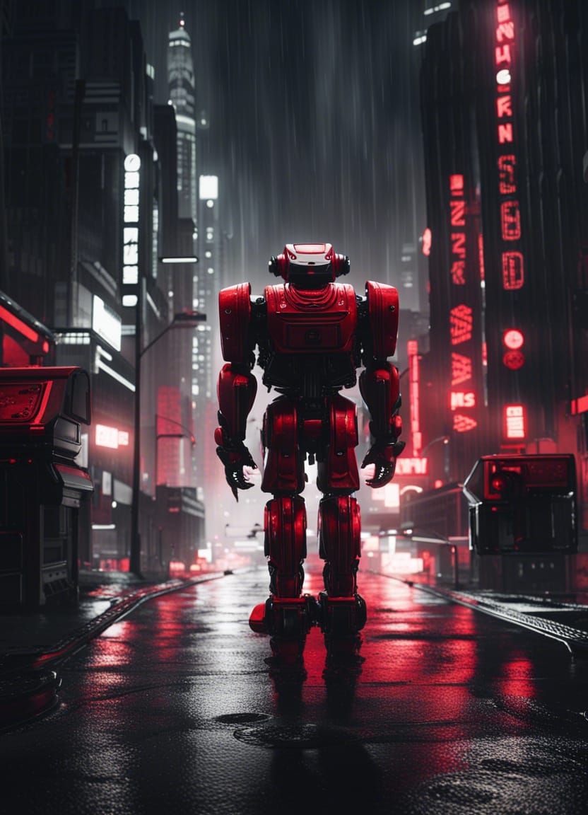 Red Robot in Rainy Futuristic City, Sin City Style