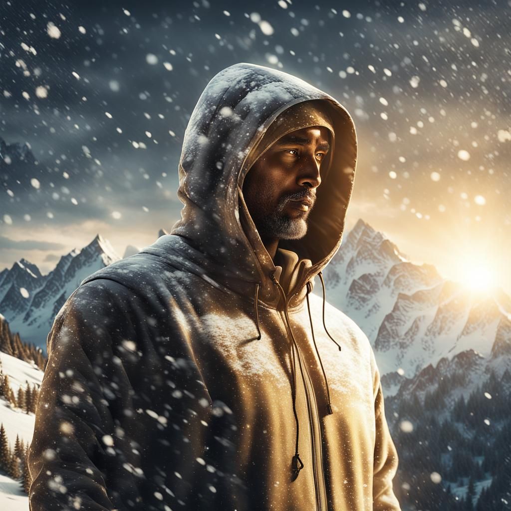 Mountain Figure in Golden Light: Hyper-Realistic Digital Art