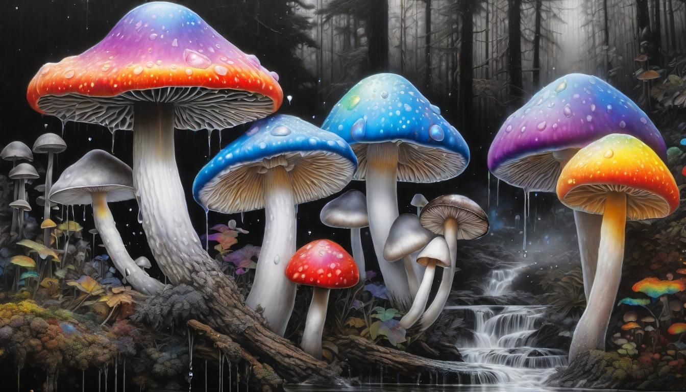 Rainbow Slime Mushrooms in Hyperdetailed Colour Splash Art