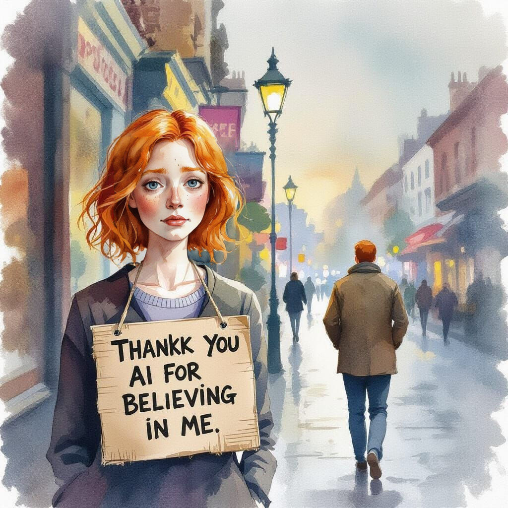 Sad Ginger Woman Thanking AI: Watercolor Painting