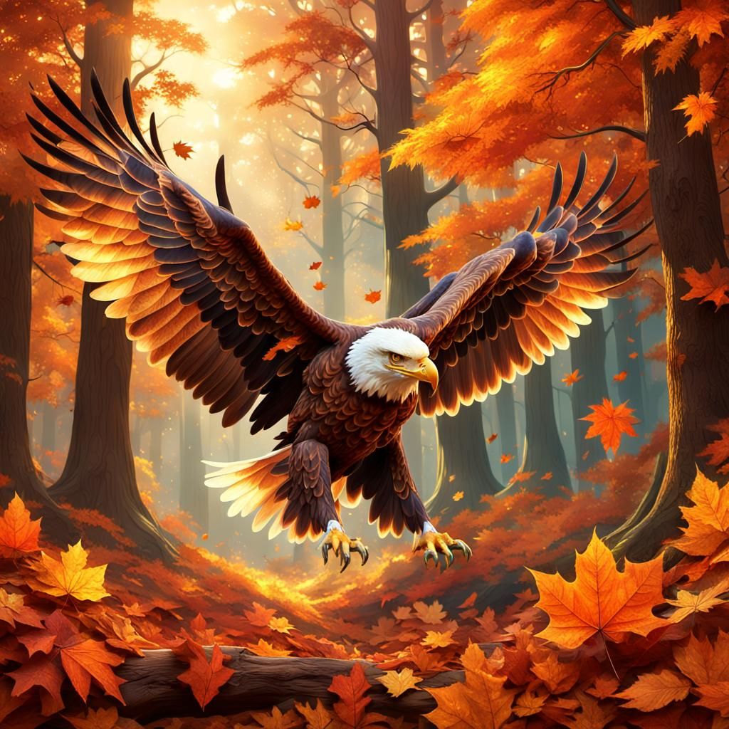 Eagle with Autumn Leaf Wings in Whimsical Forest