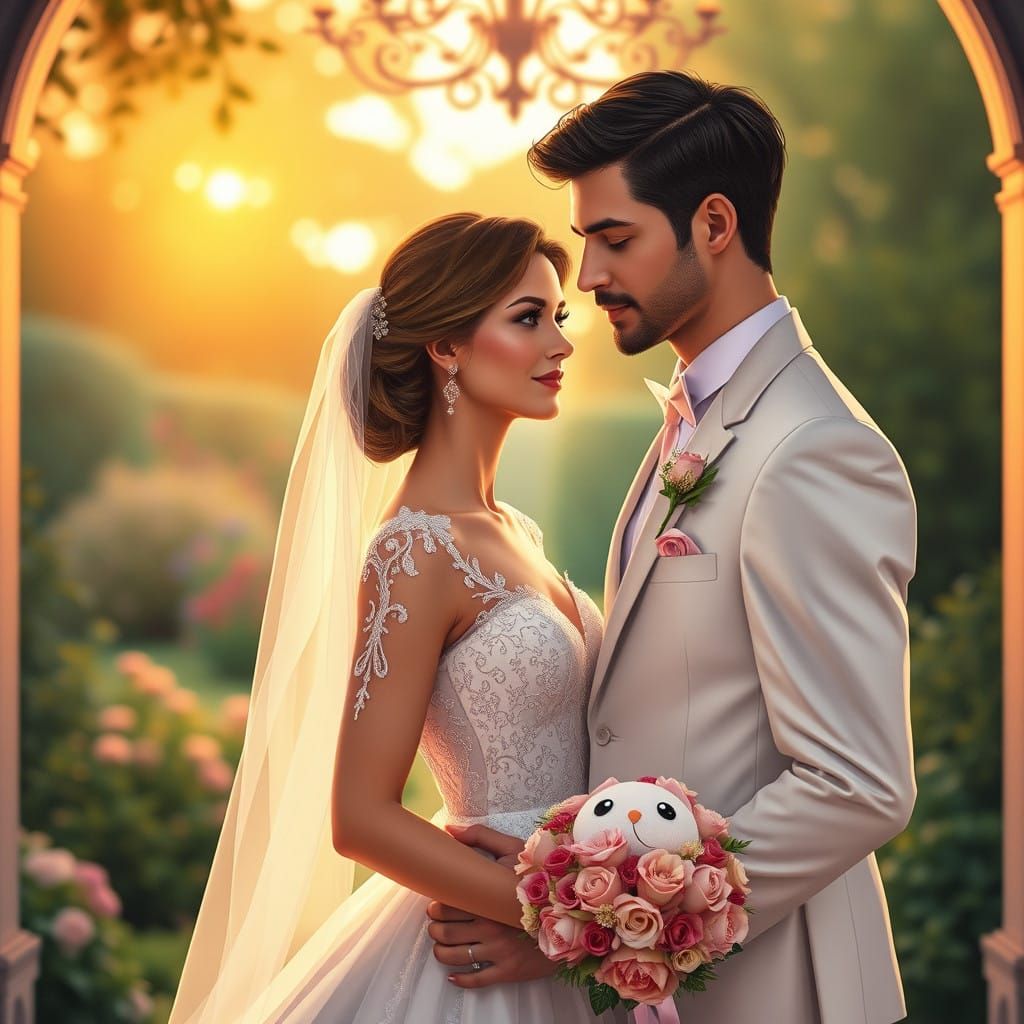 Elegant Bride and Groom in Whimsical Garden Setting