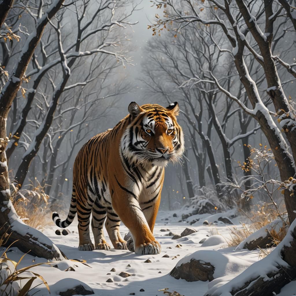 Tiger with Gold Eyes in Snowy Scene
