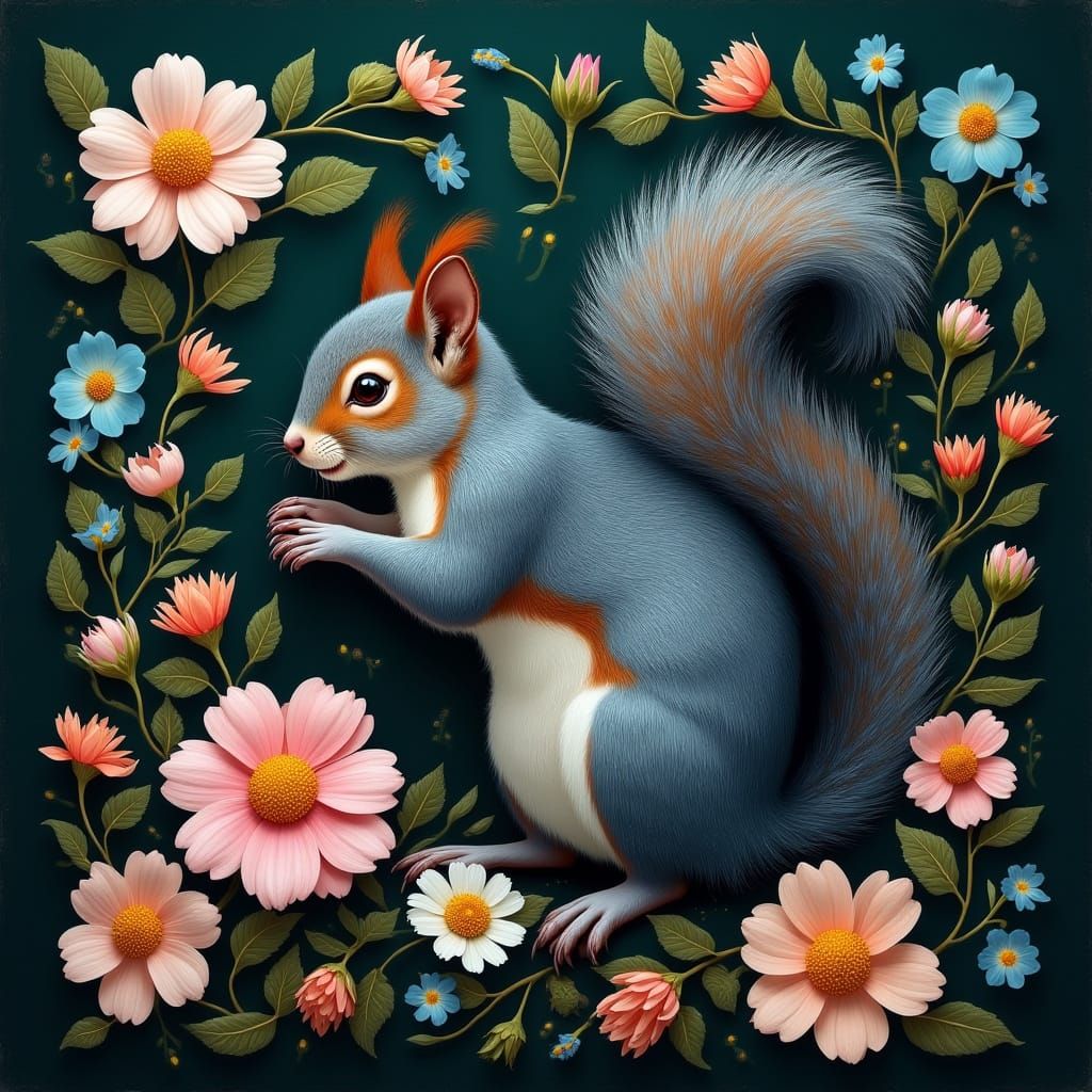 Regal Squirrel Amidst Vibrant, Exotic Flowers in a Moody, Ph...