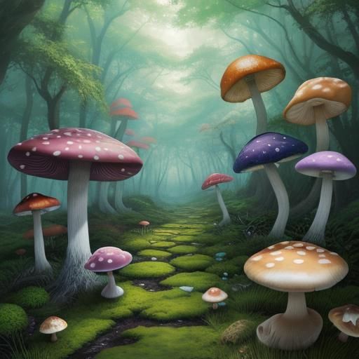 Enchanted Forest with Colorful Mushrooms: Anime Style