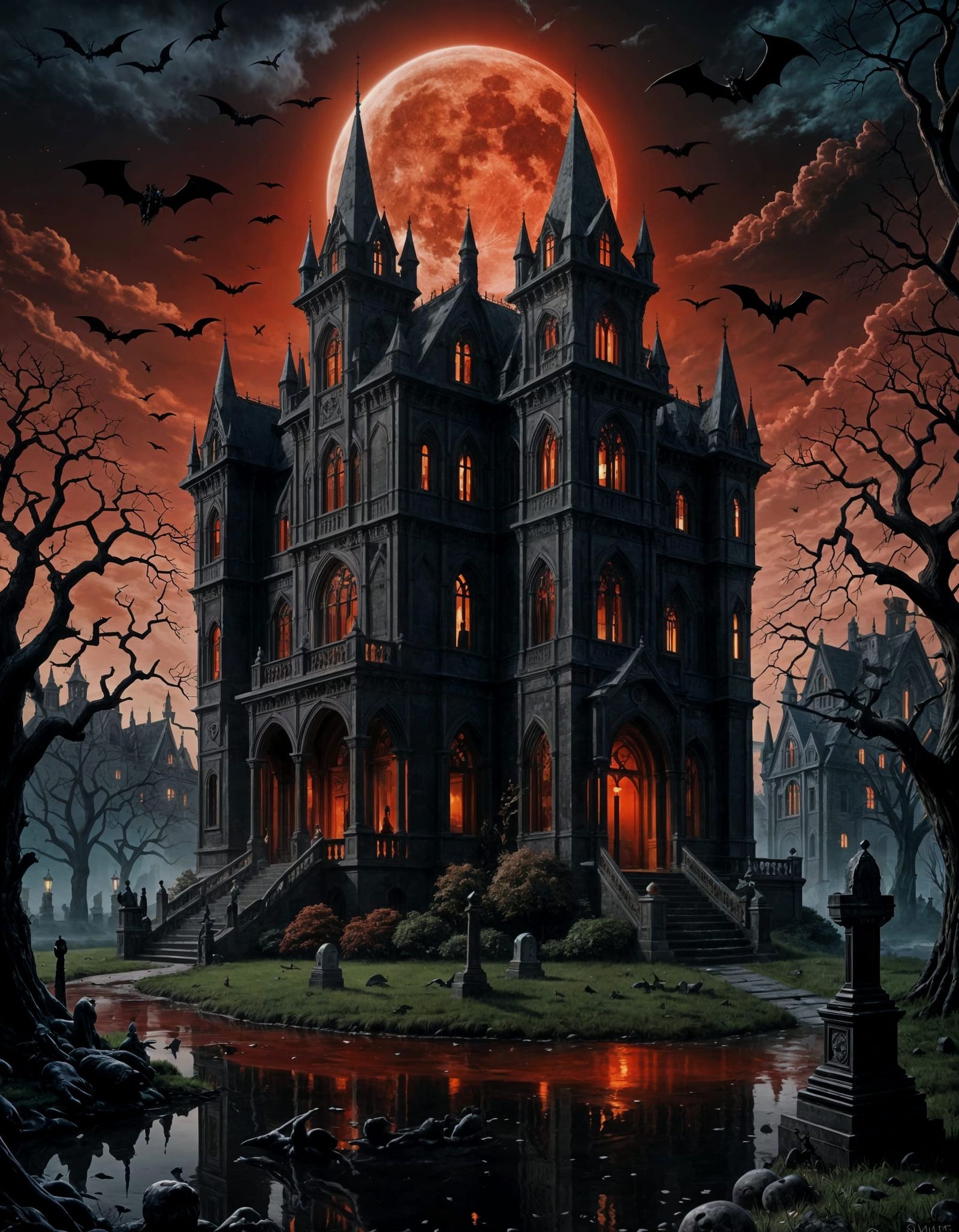 Dark fantasy concept art. Low-angle shot. A towering gothic ...