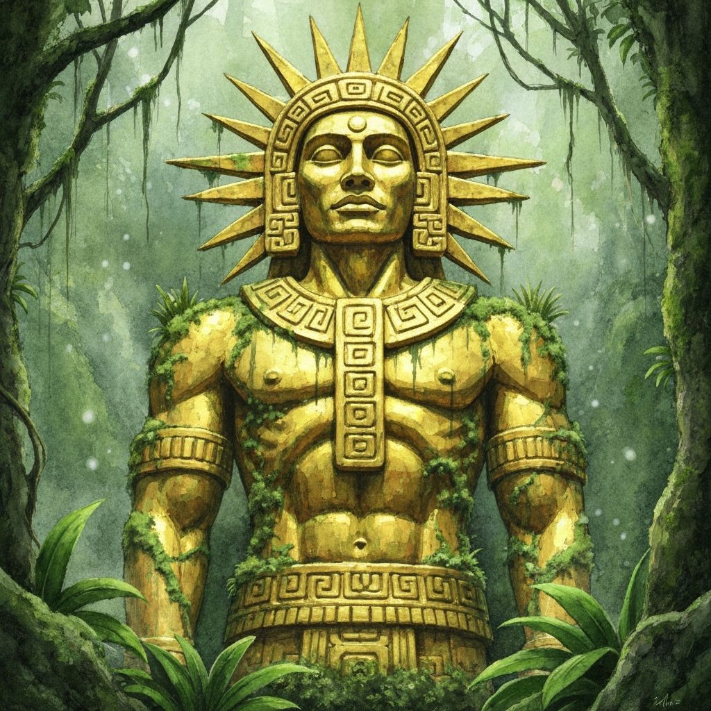 Golden Inca Sun God Statue in Detailed Watercolor