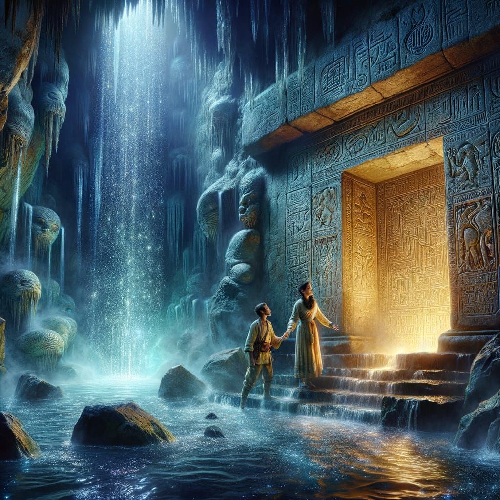 Eerie Cavern Scene with Explorers in Digital Painting