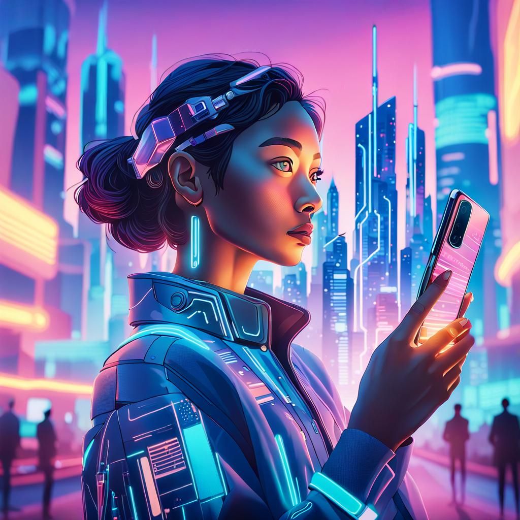 Neon City Concept Art: Woman with Smartphone