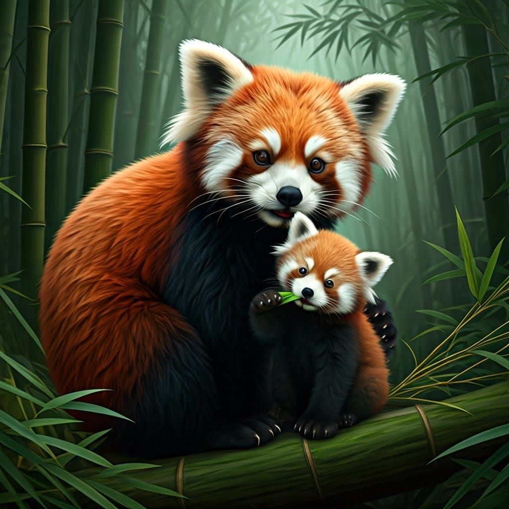 Red Panda Mother and Cub in Lush Forest