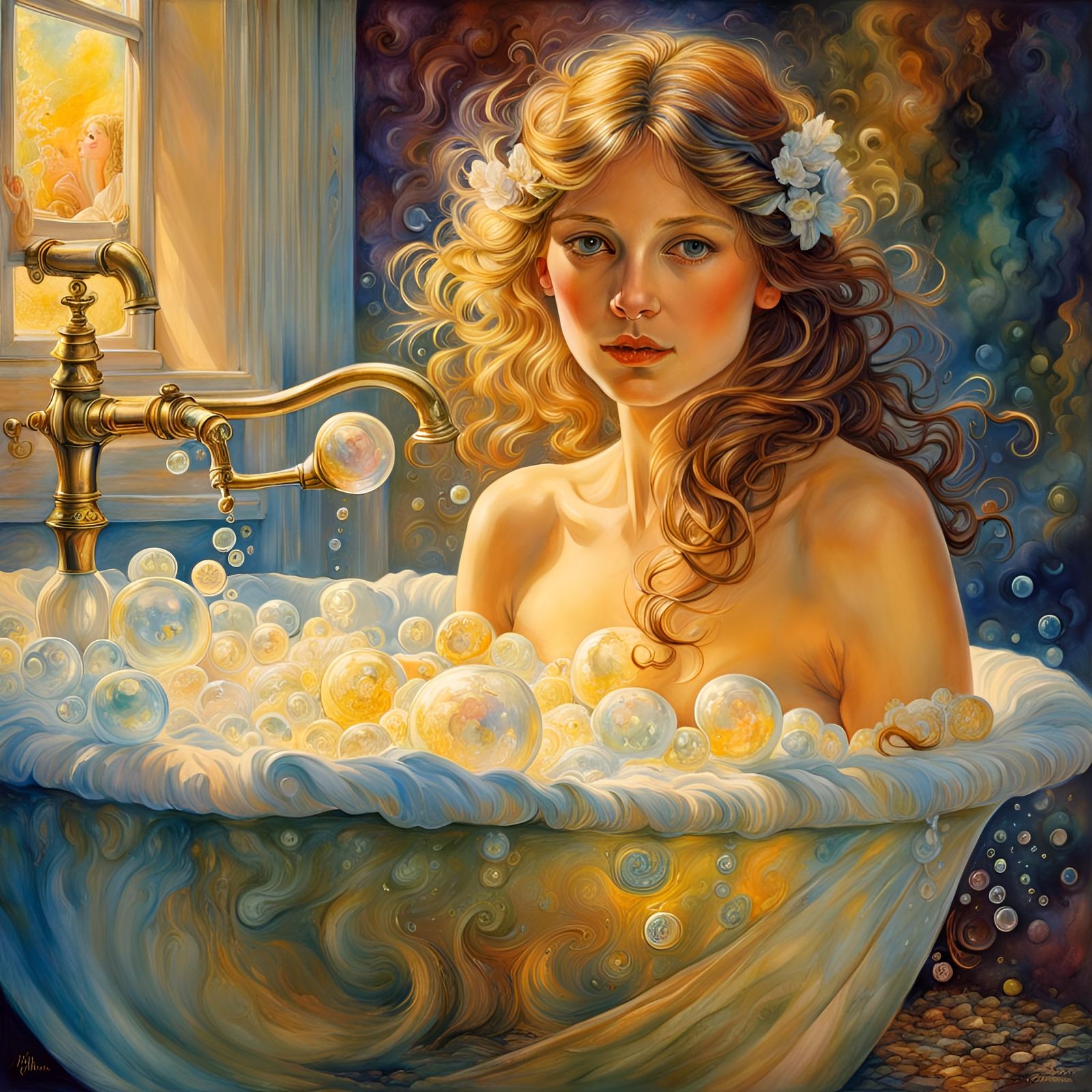 Girl in Bubble Bath Watercolor Illustration