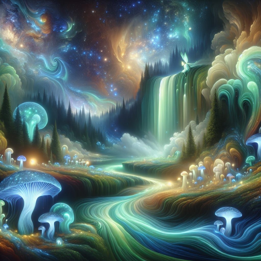 Surreal Waterfalls in a Dreamlike Oil Painting Style