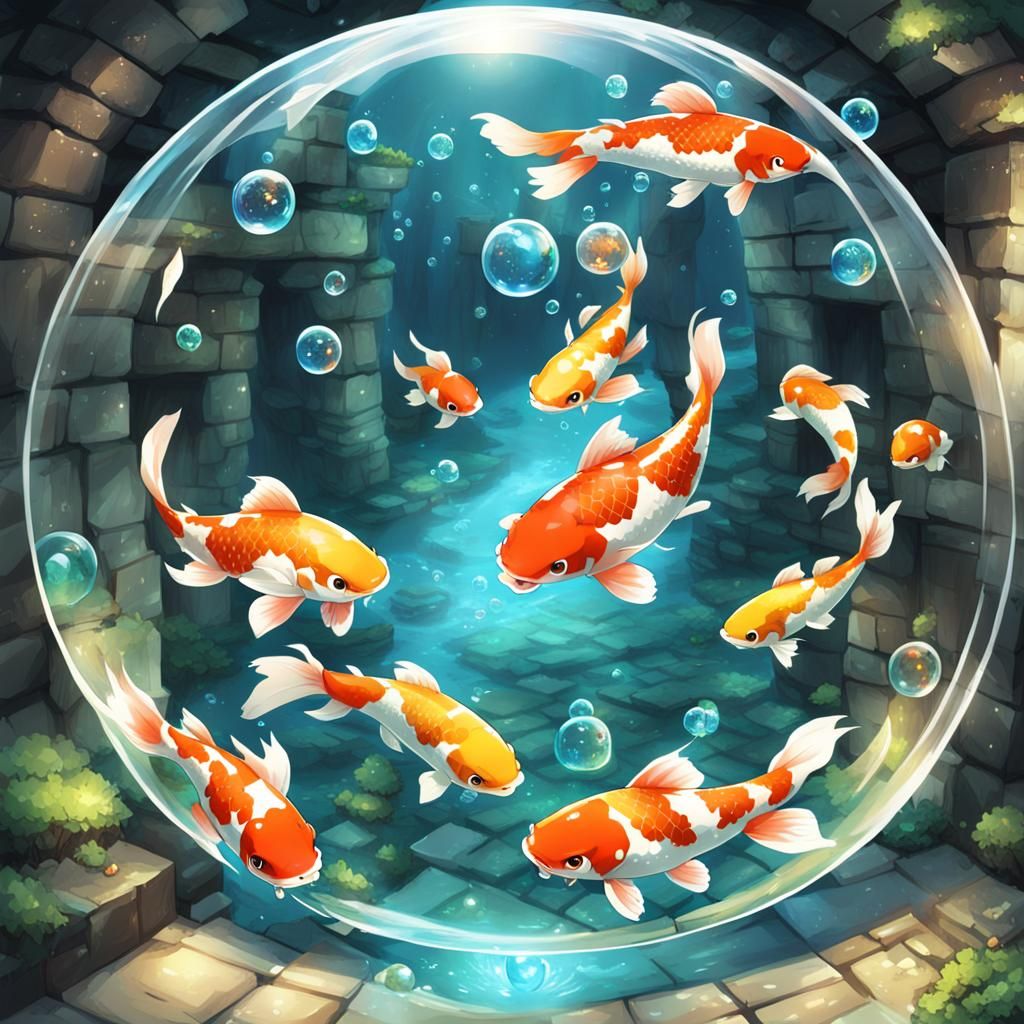 Koi Fish Bubble Rolls Across Dungeon in Anime Style