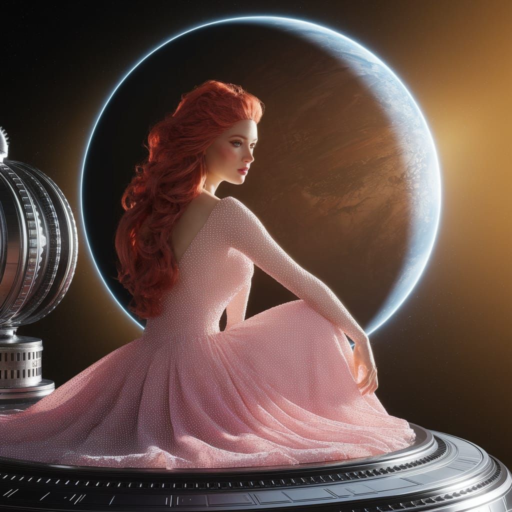 Red Haired Woman in Sparkling Dress on Space Station