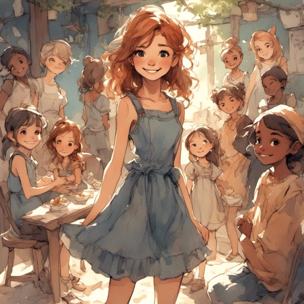 Fox-girl VIXEN (age 10), smiling with friends at her Orphanage.