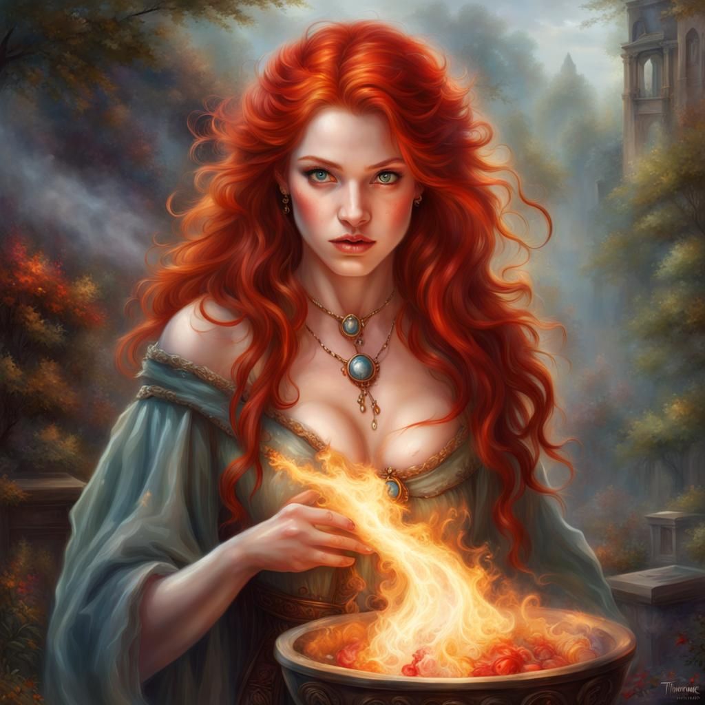 Fiery Sorceress Casting a Spell in Ethereal Fantasy Style