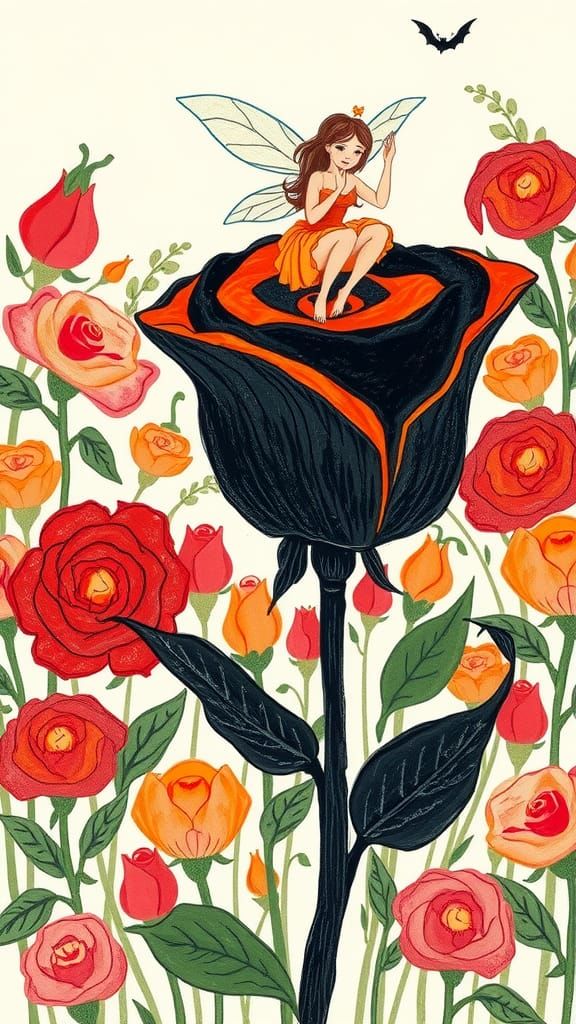 Fairy on Black Rose in Naive Crayon Style