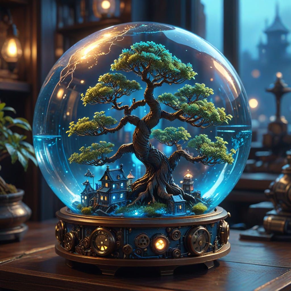 Bioluminescent Bonsai Illuminates Steampunk City in Glass Or...